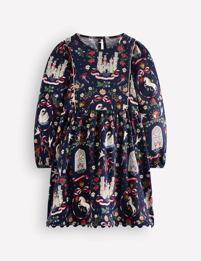 Boden Mabel Twirly Sparkle Dress-Navy Castle Print
