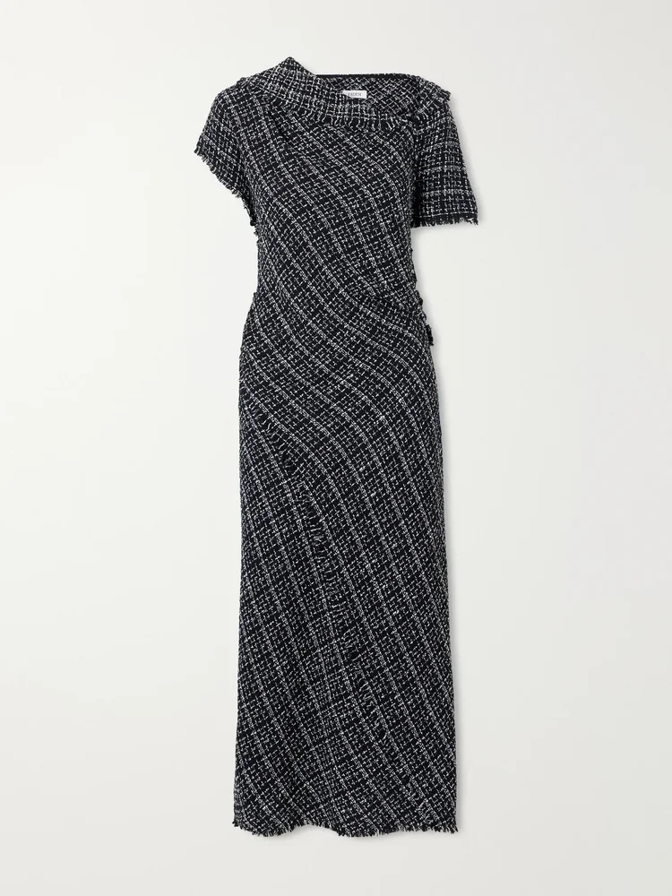 asymmetric cotton blend tweed midi dress