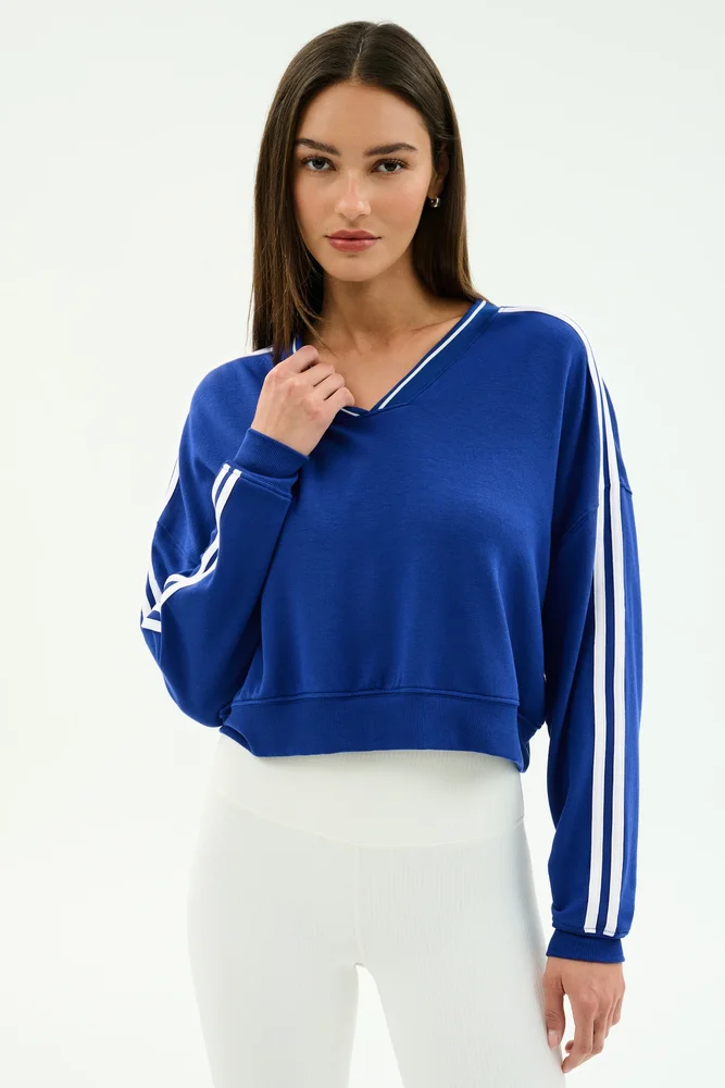 Ellie Fleece V Neck Sweatshirt - Cobalt/White