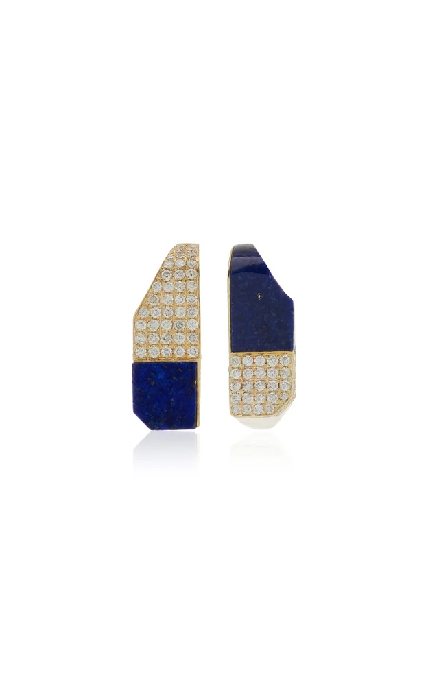 Checked 9K Yellow Gold Lapis, Diamond Hoop Earrings