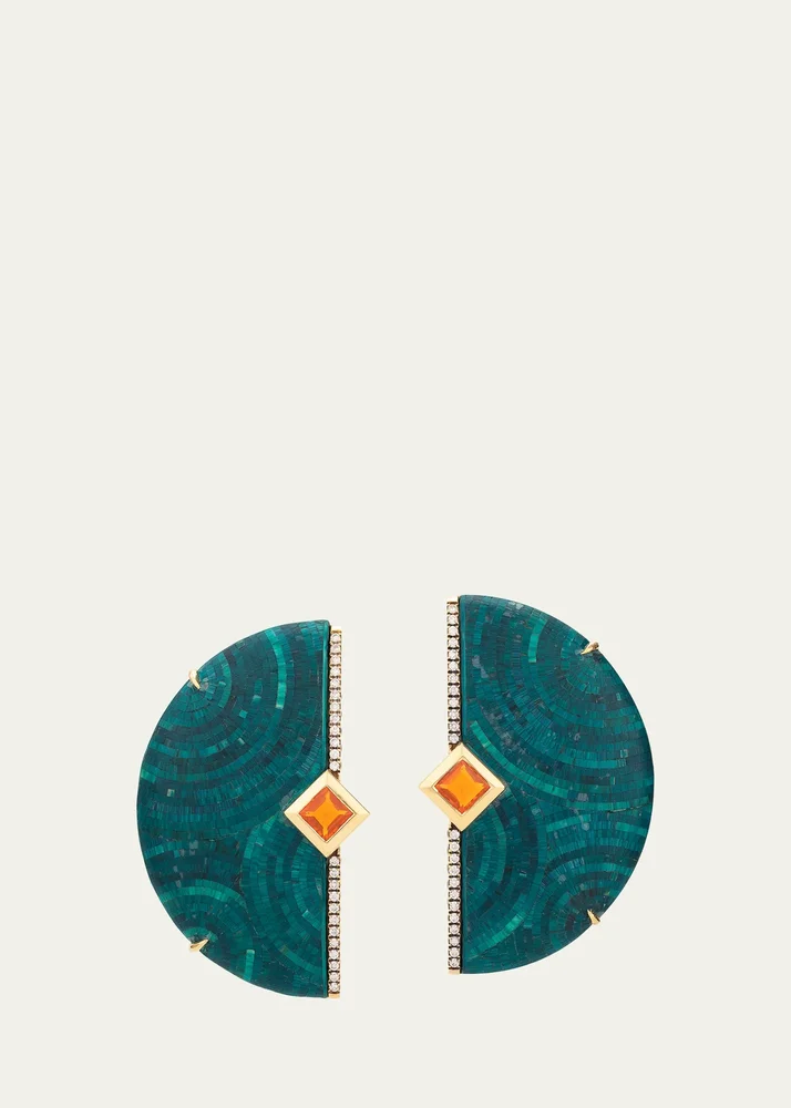 18K Green Wood and Straw Half-Moon Earrings with Diamonds and Fire Opal