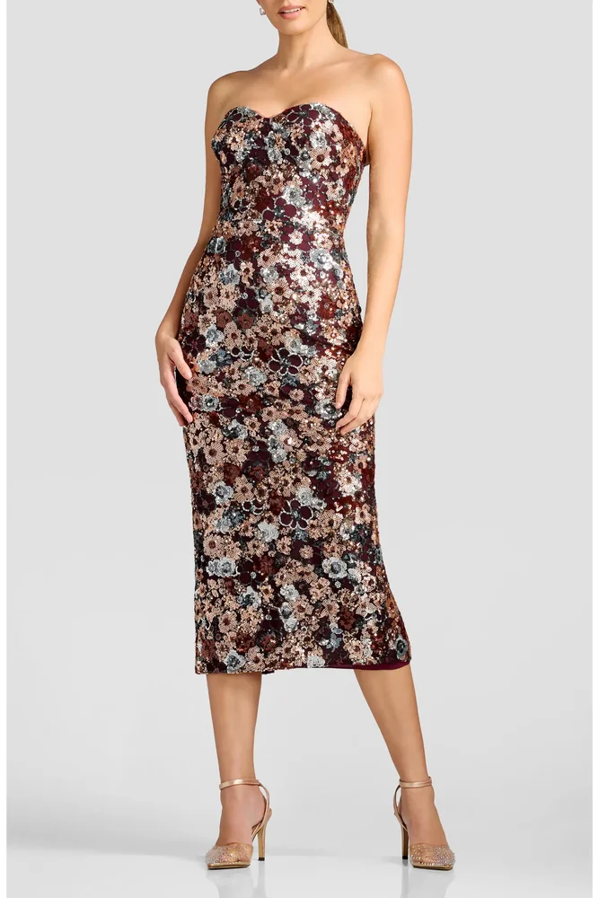 Vada Floral Sequin Strapless Midi Dress
