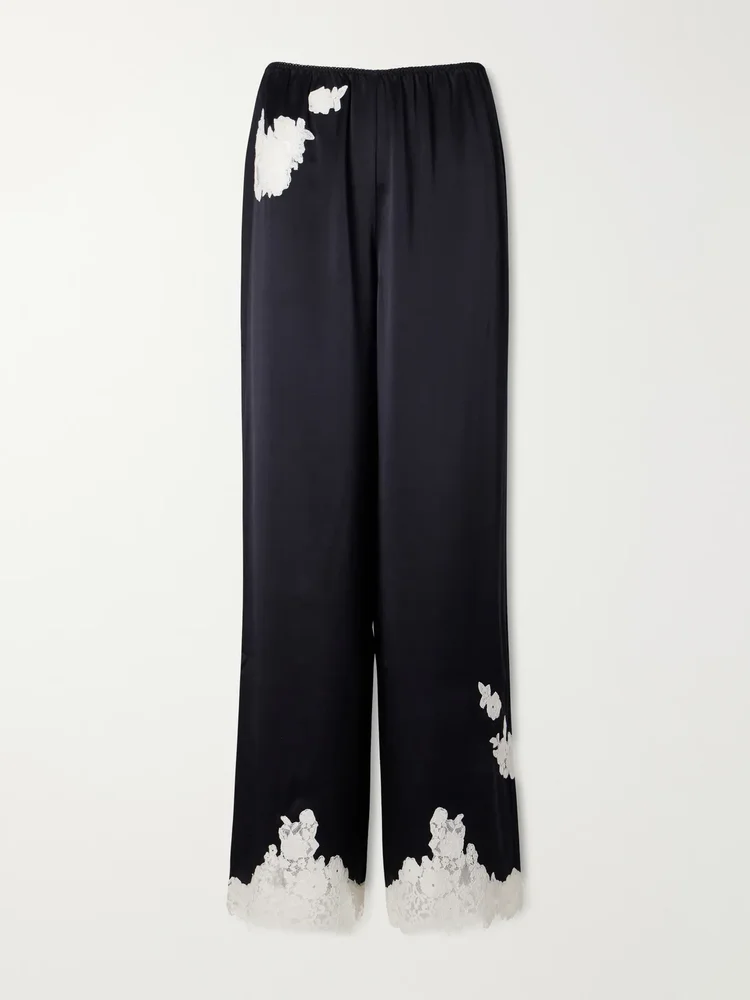 Lavon lace-trimmed silk-satin wide-leg pants