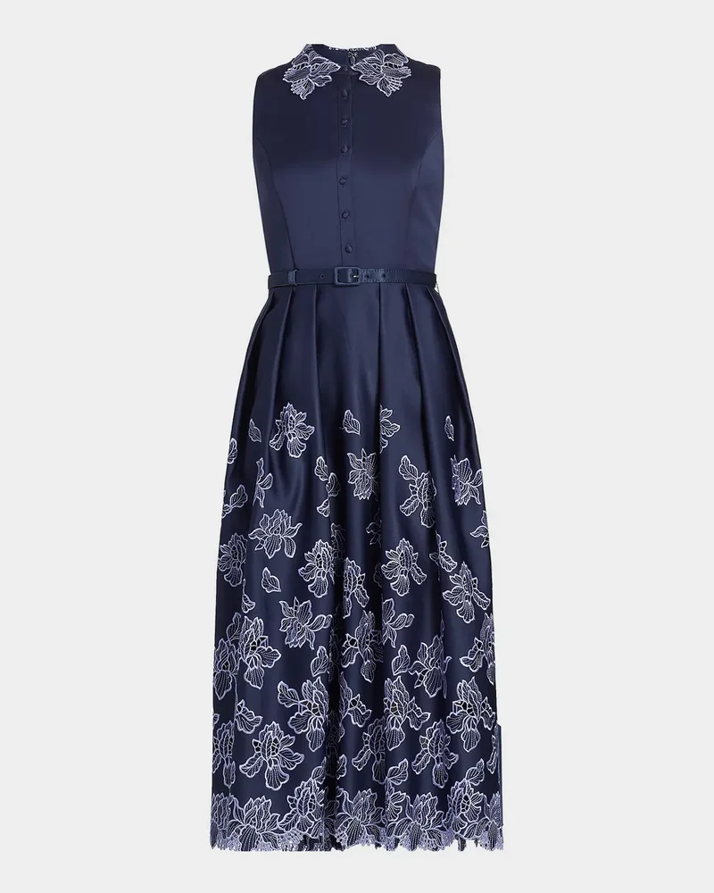 Merisel Pleated Floral-Embroidered Midi Shirtdress