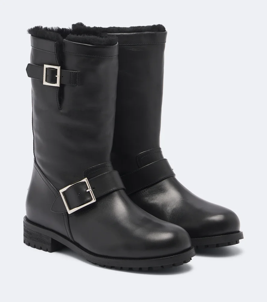 Biker shearling-lined leather mid-calf boots