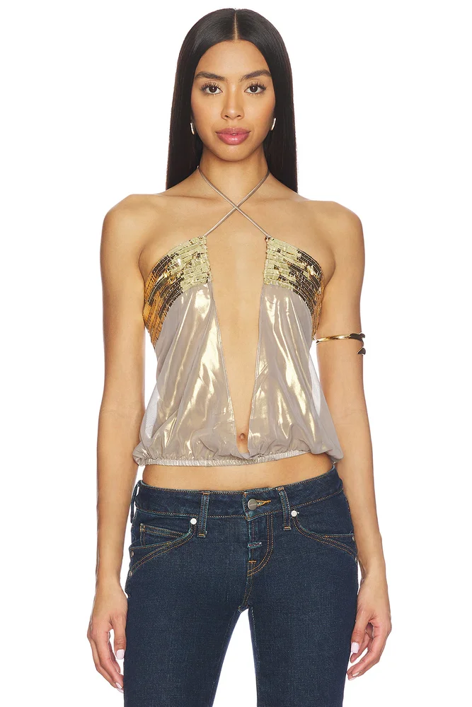 Draped Chiffon Top With Sequin Panels
