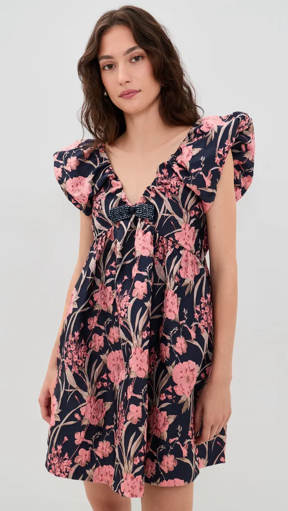 Beaded Bow Floral Jacquard Mini Dress