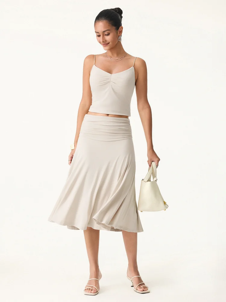 Flowy Side Ruched A-line Midi Skirt