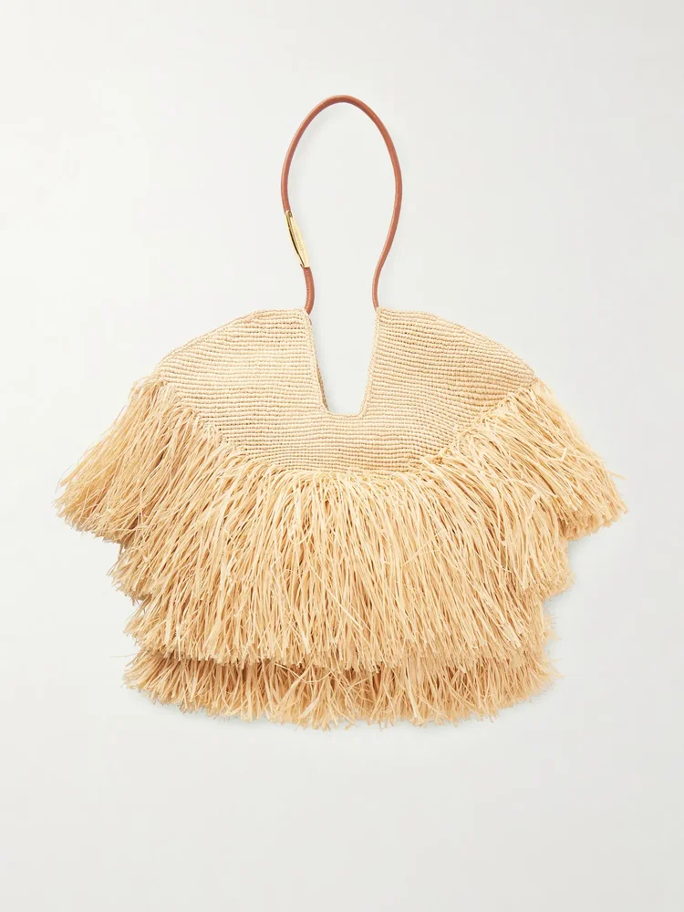 Goldentime medium fringed leather-trimmed raffia tote