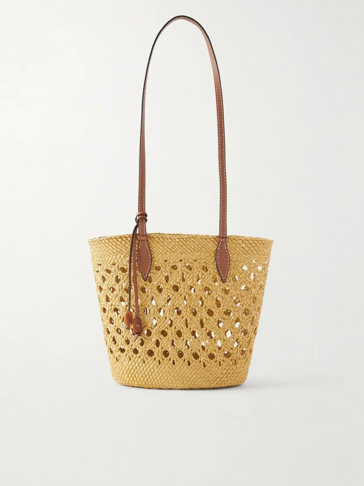 Lattice Basket leather-trimmed raffia tote