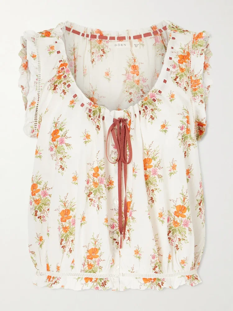 traveler embroidered floral print organic cotton blouse