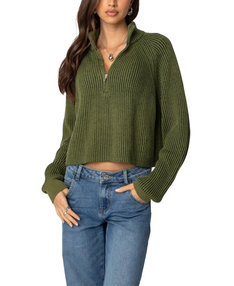 Cropped Rib Knit Half Zip Sweater