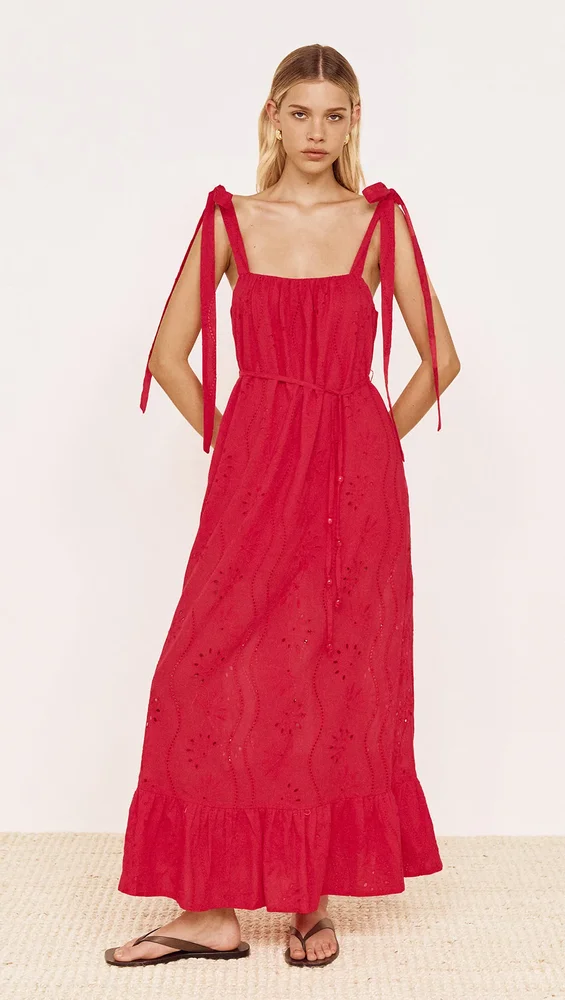 Cotton Broderie Maxi Sun Dress in Red