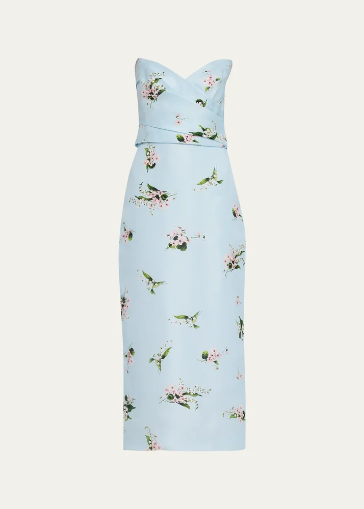 Strapless Posie Print Silk Midi Cocktail Dress