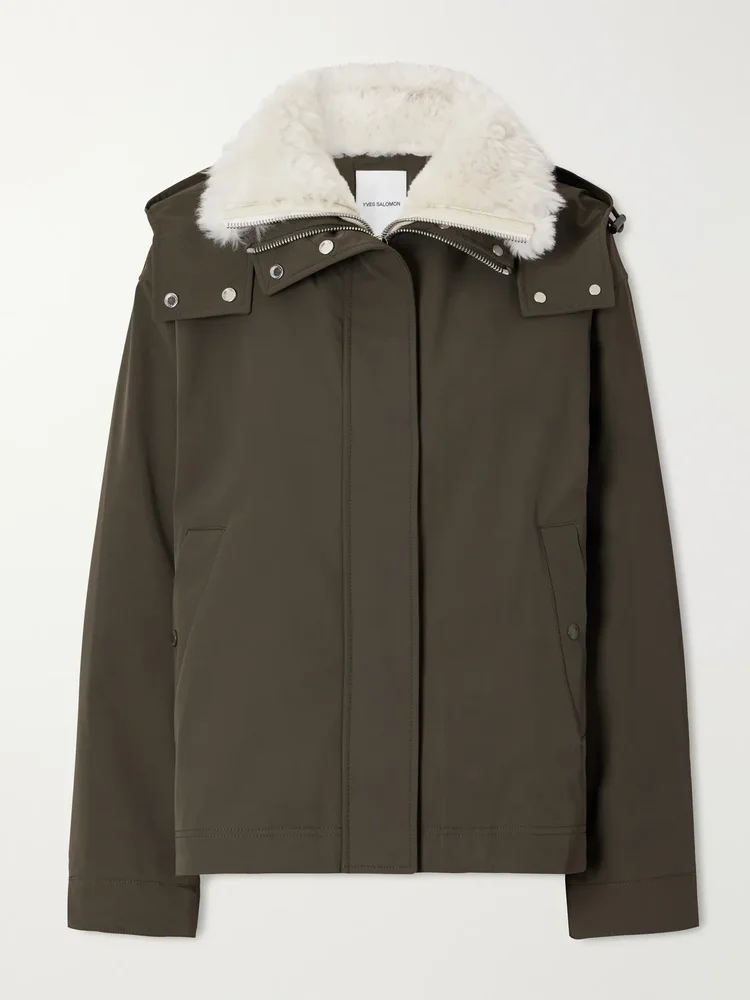 Hooded padded shearling-trimmed shell jacket