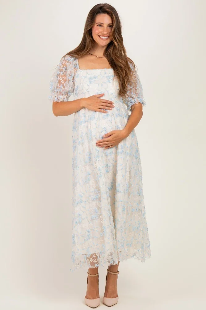 Light Blue Floral Mesh Overlay Tie-Back Maternity Midi Dress
