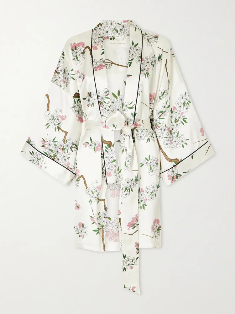 Mimi belted printed silk-satin robe