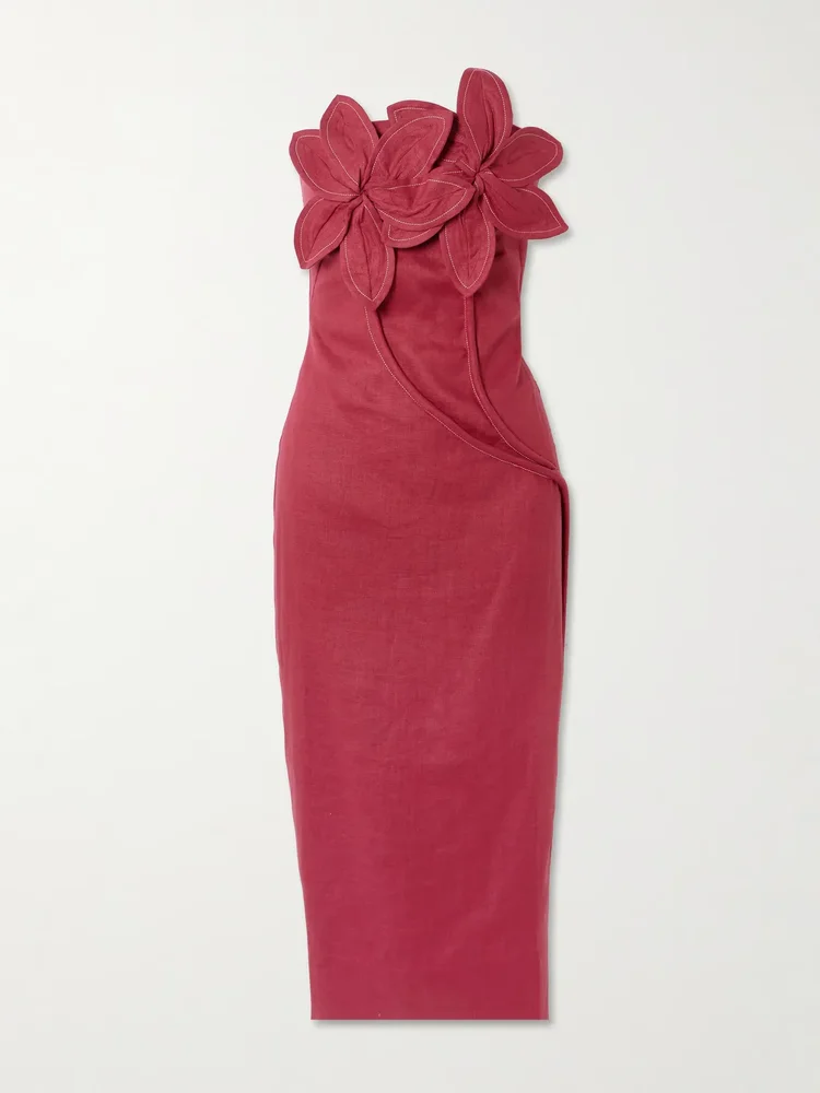 Florecer strapless appliquéd linen midi dress