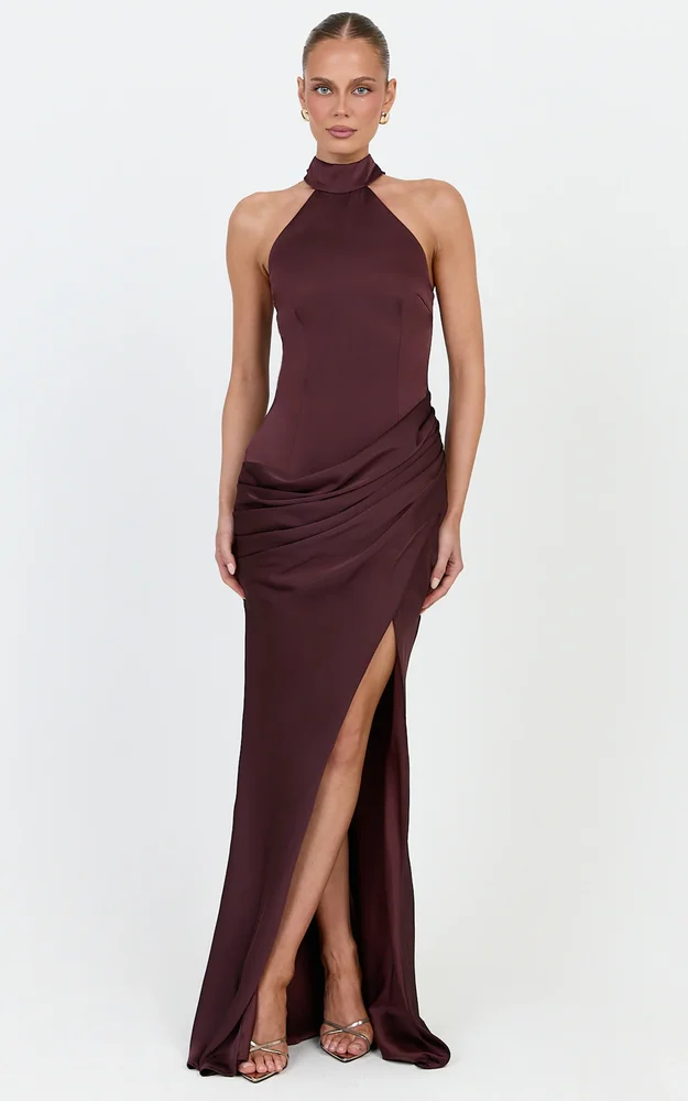 Lillian Maxi Dress, High Neck Halter Dress With Hip Drape And Scarf Detail in Plum