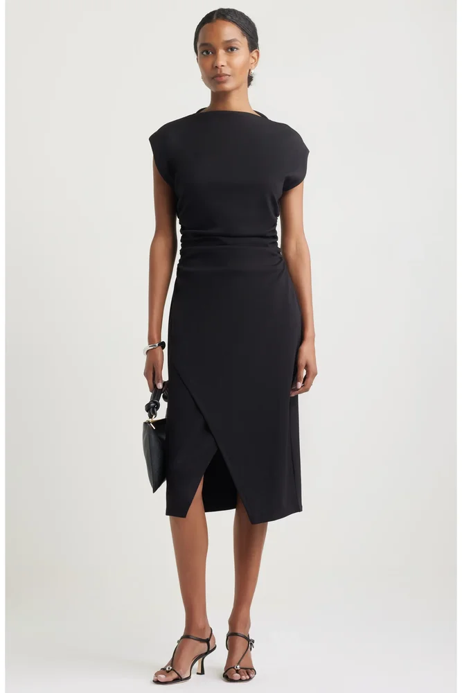 Ruched Funnel Neck Midi Dress