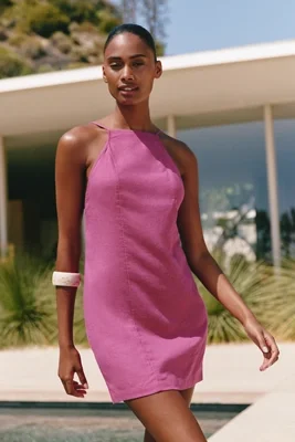Linen Beaded Cross-Back Mini Dress