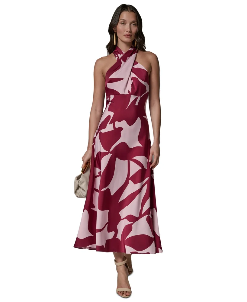 Halter Neck Printed Satin A-Line Dress