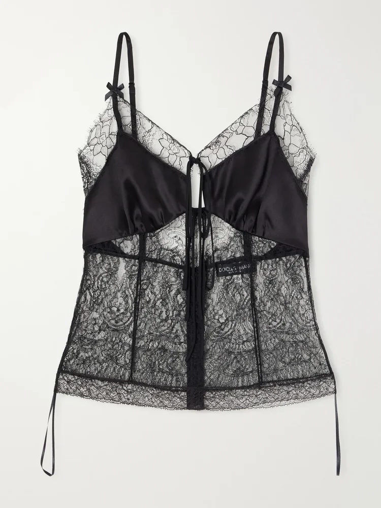 Bow-detailed satin-trimmed lace cami