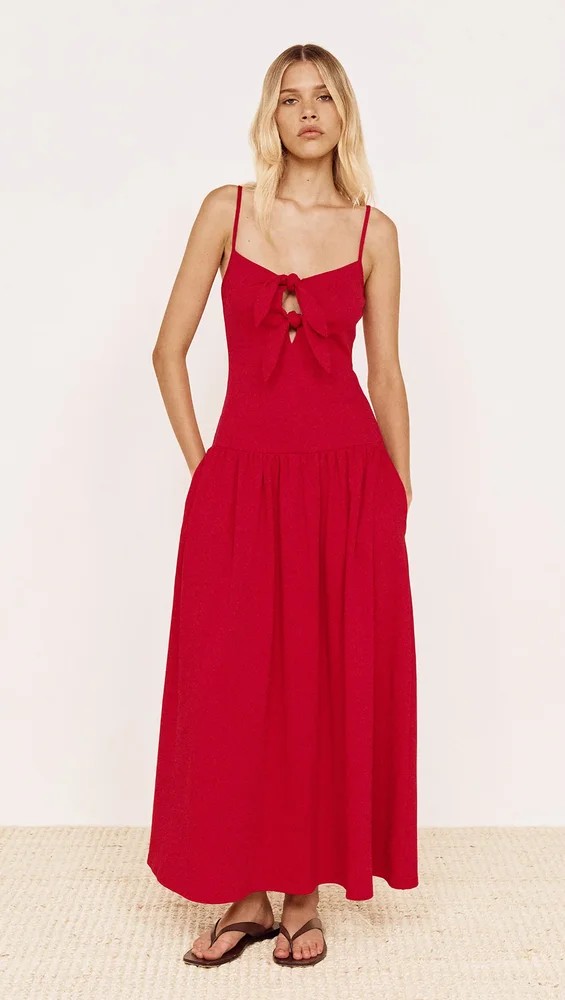 Cotton Jersey Tie Front Midi Dress in Red