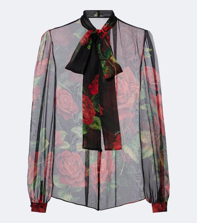 Floral sheer silk chiffon blouse