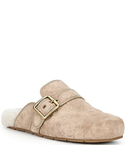 Shearling Leather Buckle Logo Clogs