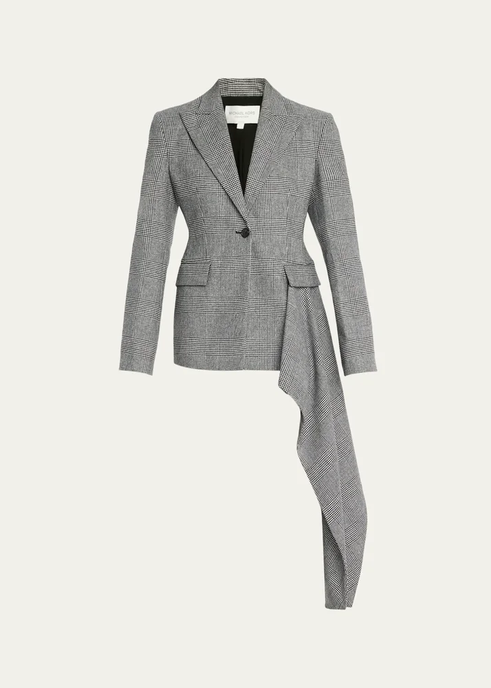 Glen Plaid Asymmetric Drape Single-Breasted Jacket