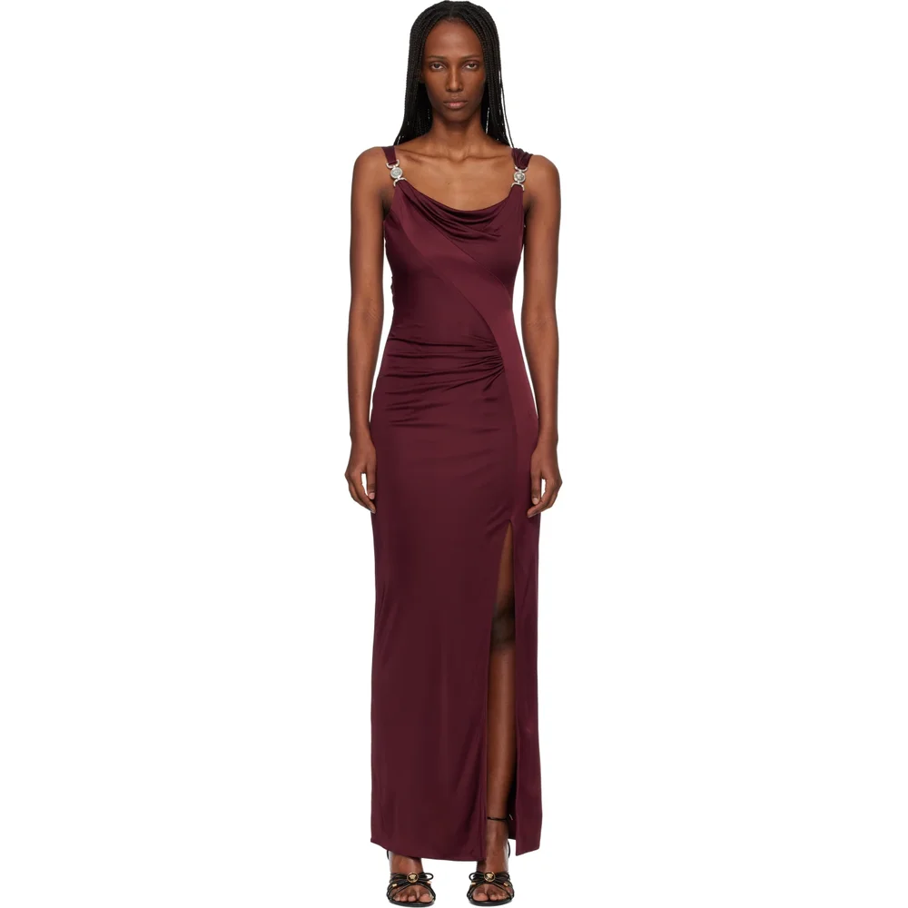 Burgundy Viscose-Jersey Draped Maxi Dress