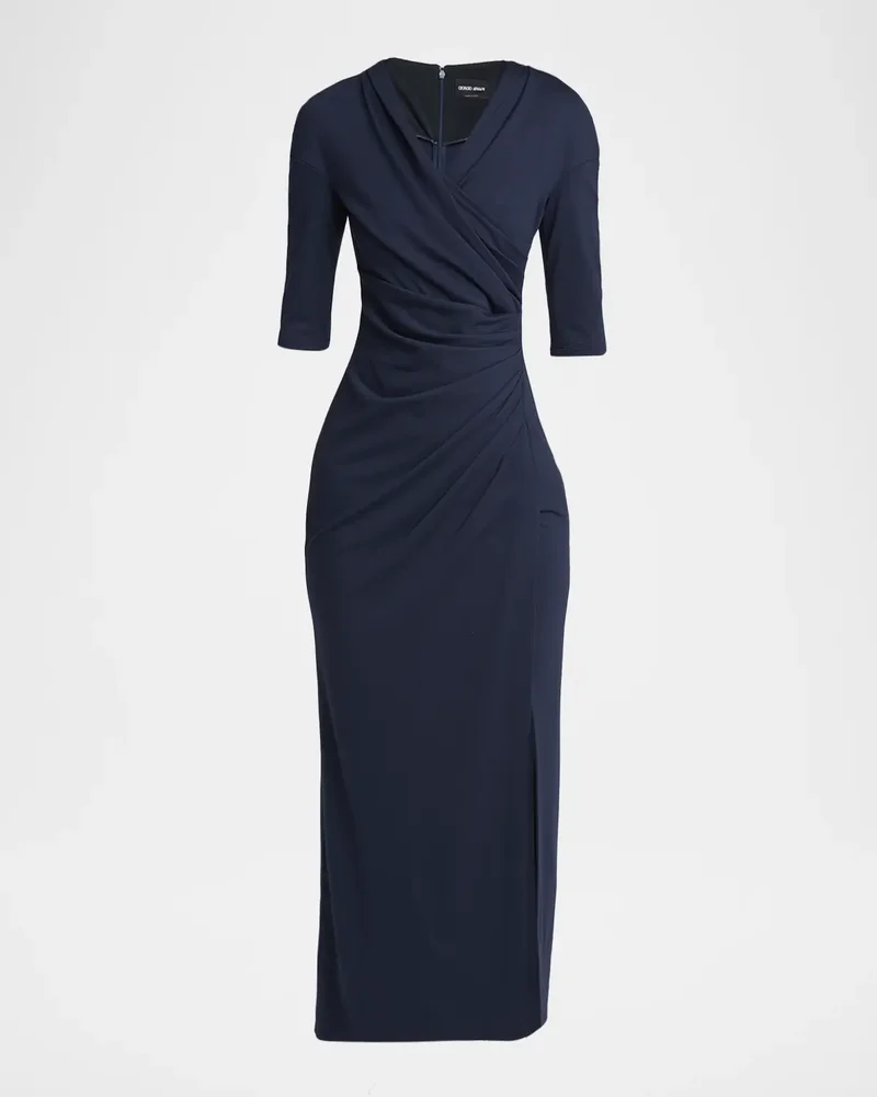 Elbow-Sleeve Draped Slit Midi Dress