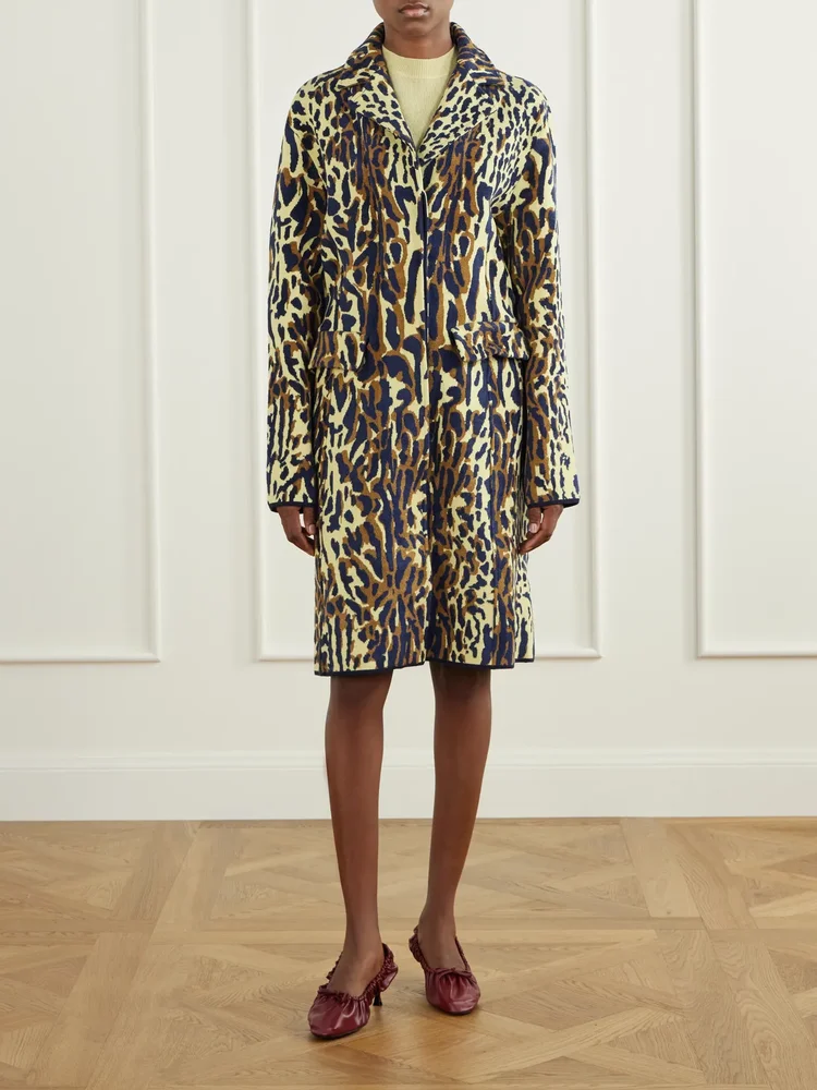 Leopard-jacquard virgin wool coat