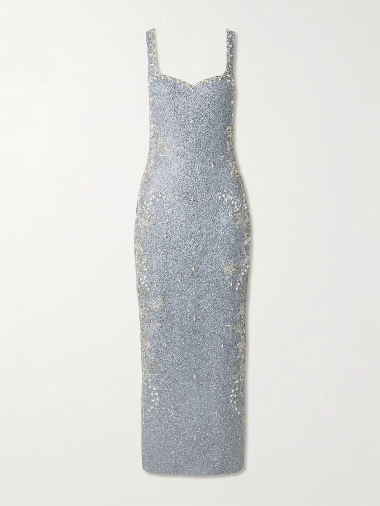 Iris embellished stretch-mesh gown