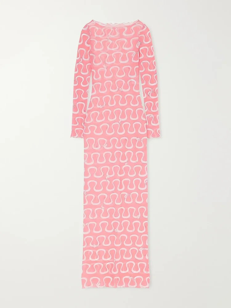 Printed stretch-tulle maxi dress