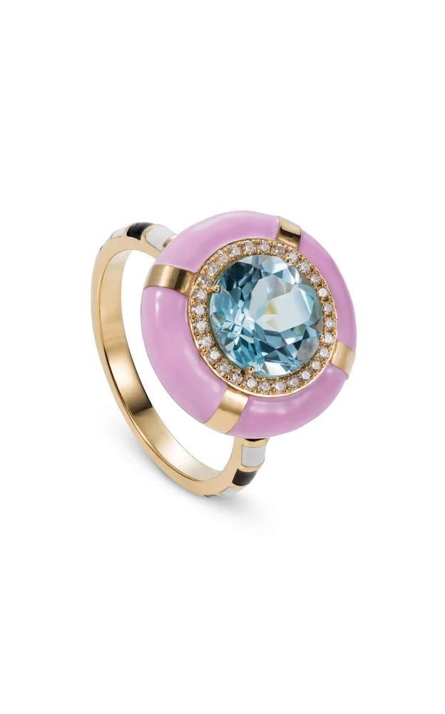 18k Yellow Gold ‘Show n Tell - Ready 2 Celebrate' Pink Enamel Ring