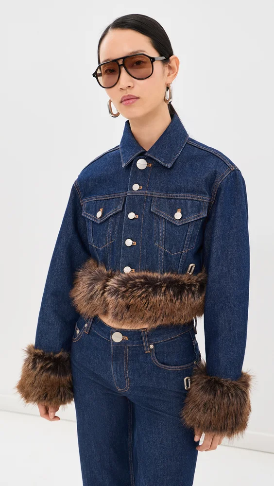 Faux Fur Shrunken Denim Trucker Jacket (set with cropped jeans)