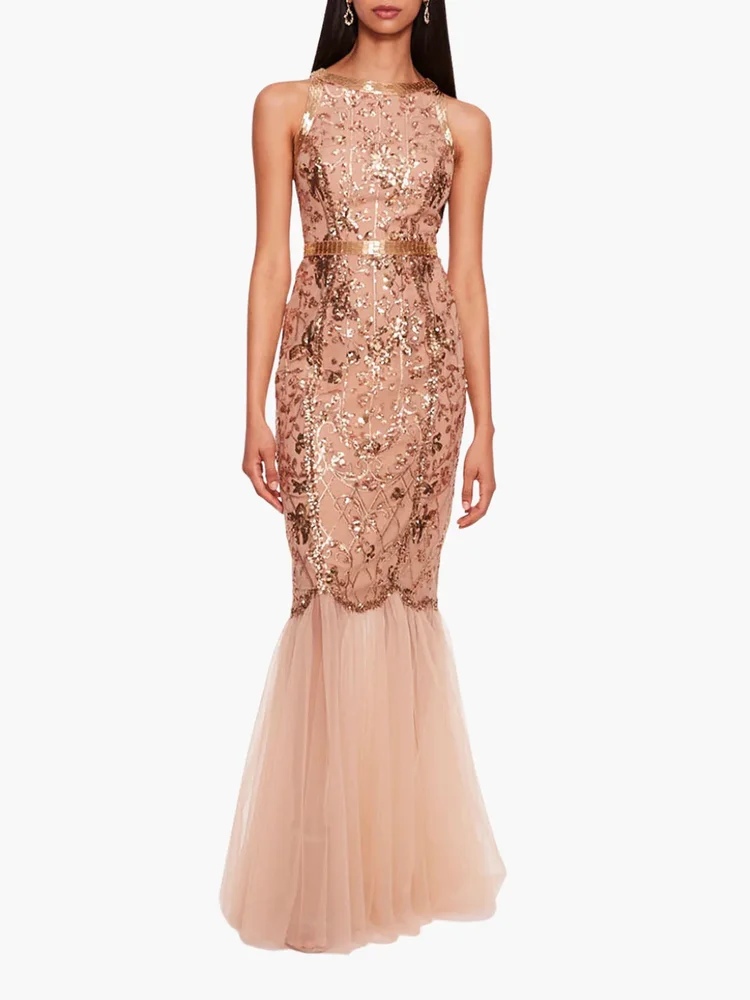 Marchesa Sequin Lattice Strapless Gown