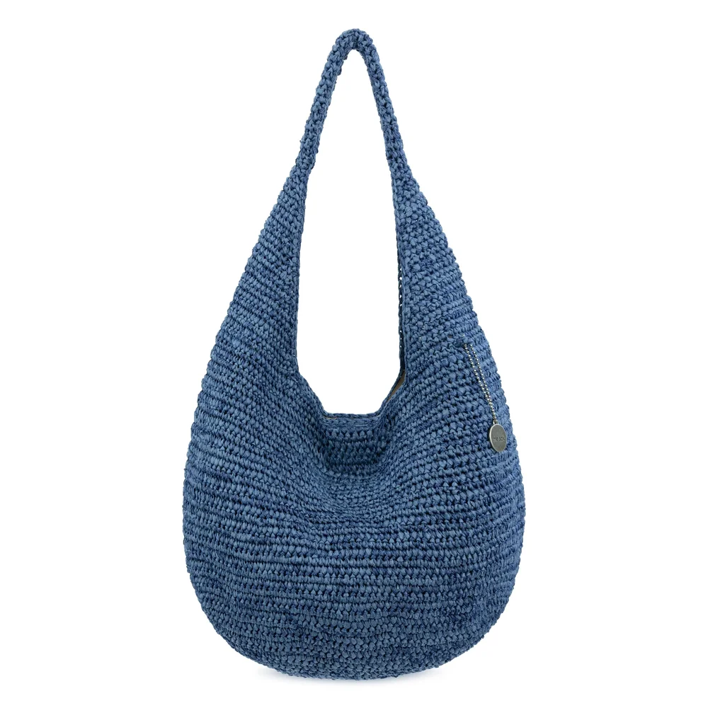 120 Shortie Hobo, Hand Crochet, Denim Tonal Straw