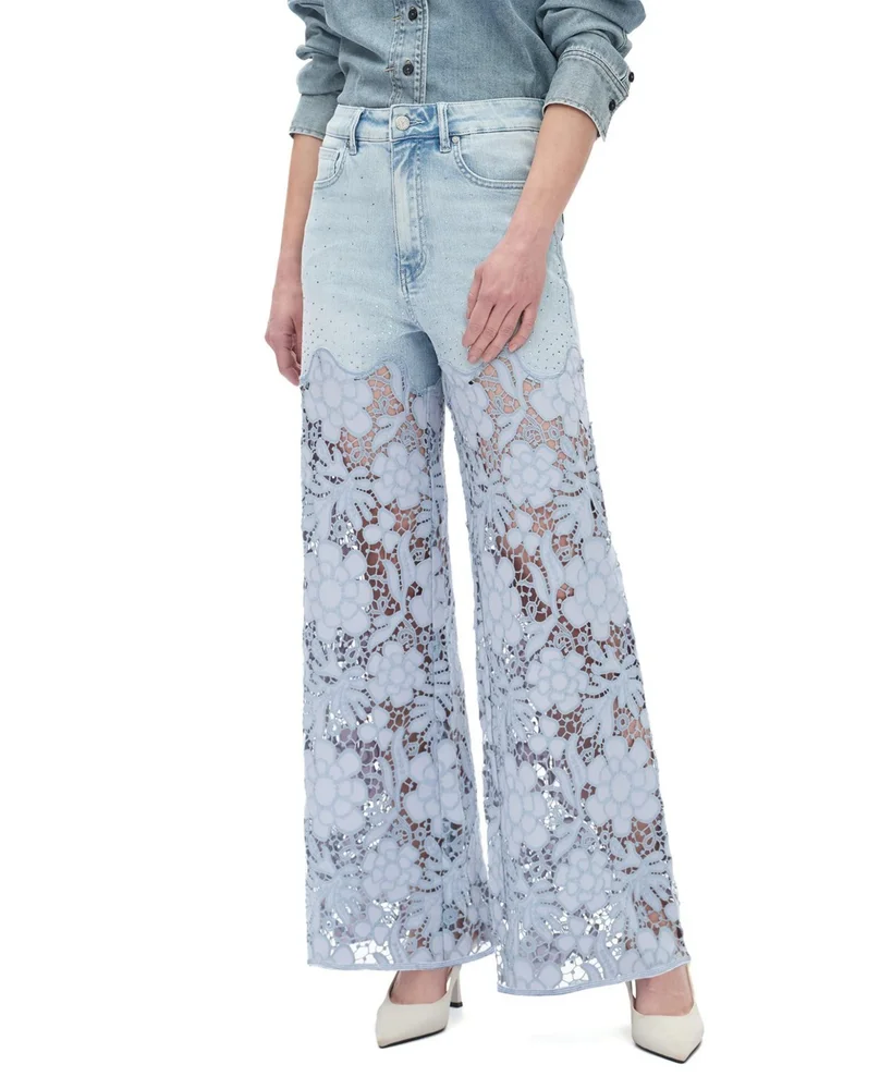 Super High Rise Lace Patchwork Wide Leg Denim Jeans in Light Blue