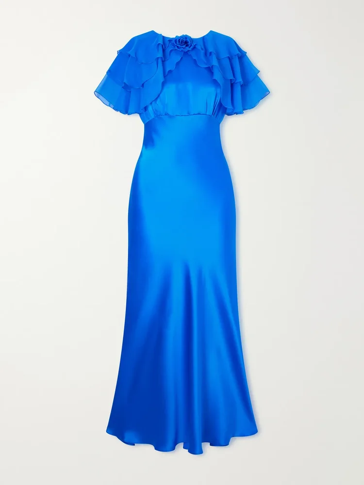 Ruffled cape-effect floral-appliquéd silk-satin midi dress