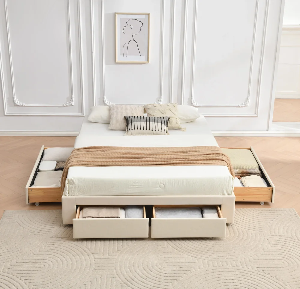 4 Drawer Upholstered Platform Storage Bed