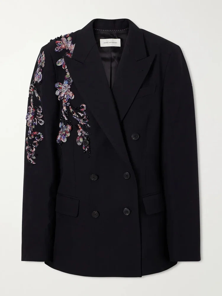 embellished double breasted wool twill blazer