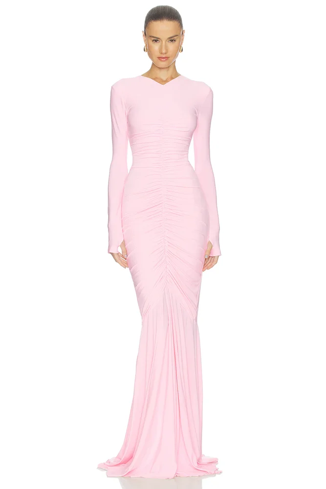 Long Sleeve V Neck Shirred Front Fishtail Gown
