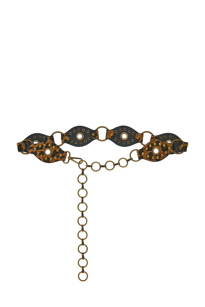 Leopard Ponyhair Waist Belt With Brass Studs