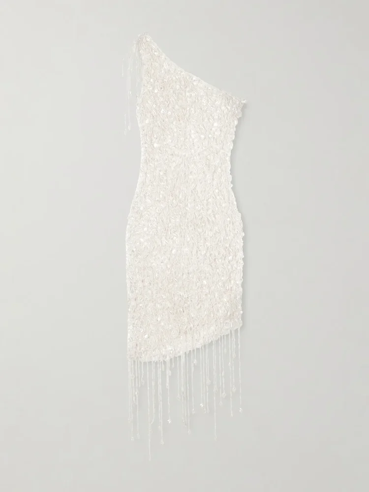 Naia asymmetric embellished open-knit cotton mini dress