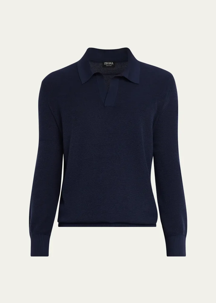 Men's Cashmere and Mulberry Silk Waffle Knit Polo Sweater