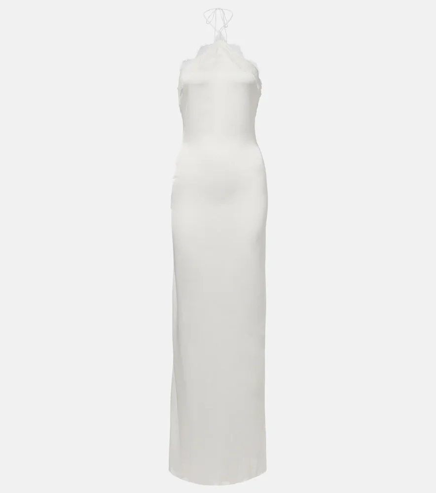 Bridal lace-trimmed satin maxi dress