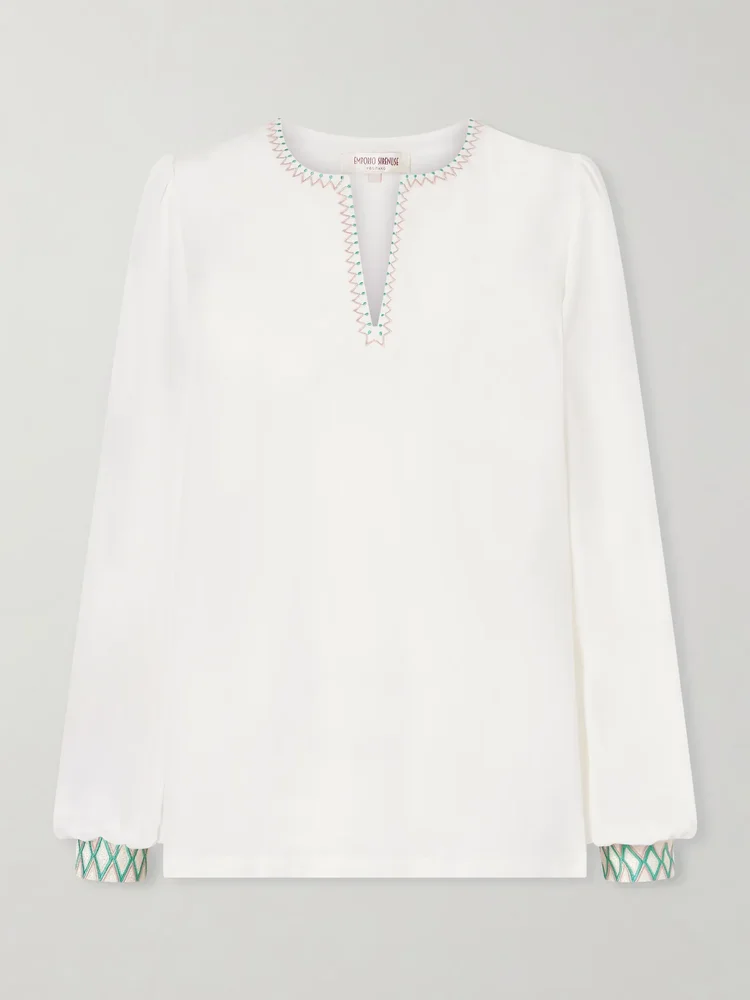 Vera embroidered silk-crepe blouse